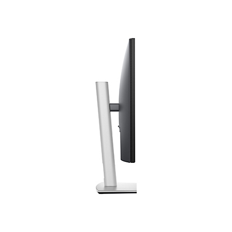 Seitenansicht eines schlanken, grauen Monitors mit einem silbernen Standfuß, der auf weißem Hintergrund steht.