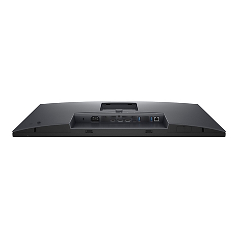 Rückseite eines schwarzen Monitors mit Anschlüssen, wie HDMI, USB und Stromanschluss, vor weißem Hintergrund.