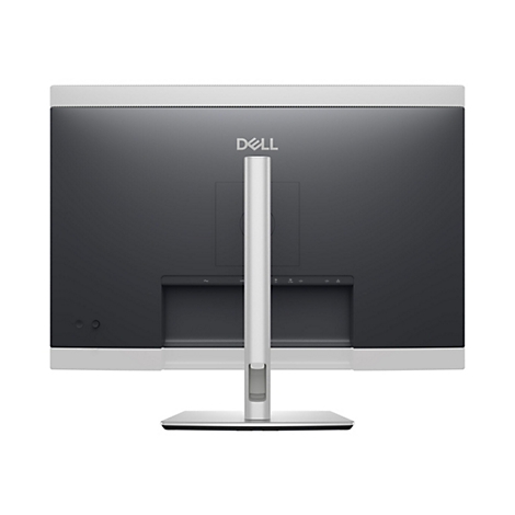 Rückansicht eines Dell Monitors. Schwarzer Bildschirm mit weißem Rahmen. Dell-Logo oben mittig. Silberner Standfuß.