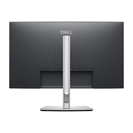 Rückansicht eines schwarzen Dell Monitors mit silbernem Standfuß. Das Dell-Logo ist mittig platziert.
