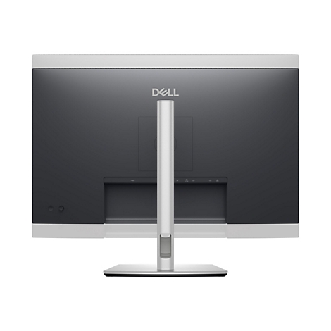 Rückseite eines Dell-Monitors. Grauer Bildschirm, silberfarbener Ständer. Dell-Logo oben.