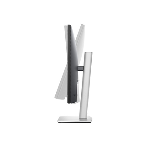 Seitenansicht eines schlanken, silberfarbenen Monitors, der auf einem silberfarbenen Standfuß steht.