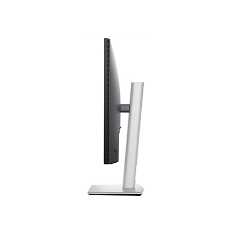 Seitenansicht eines schlanken, silberfarbenen Monitors, der auf einem weißen Hintergrund steht. Der Monitor ist schlank und hat einen schmalen schwarzen Rahmen. Der Standfuß ist ebenfalls silberfarben.