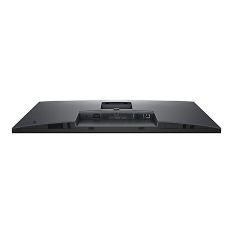 Rückseite eines schwarzen Monitors mit Anschlüssen, wie HDMI, USB und Stromanschluss, vor weißem Hintergrund.