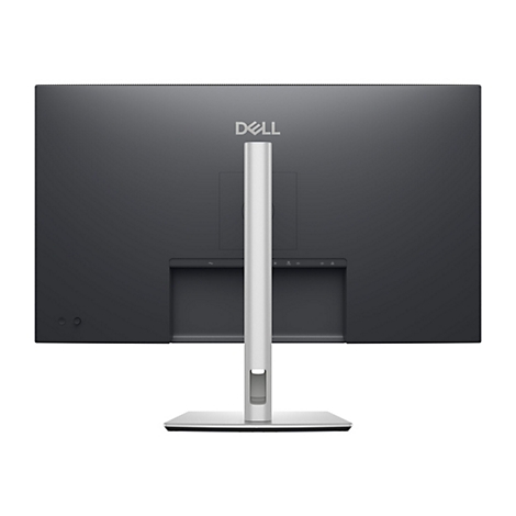 Rückseite eines schwarzen Dell Monitors mit silbernem Standfuß und Dell-Logo.