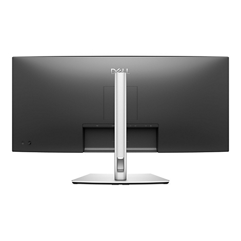 Rückansicht eines schwarzen Dell Monitors mit silbernem Standfuß und -arm. Das Dell Logo ist oben mittig angebracht.