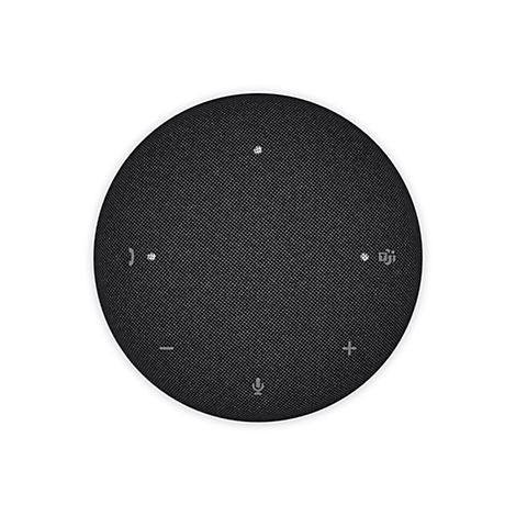 Draufsicht auf einen schwarzen Smart Speaker mit Bedienelementen und Mikrofon-Symbolen.