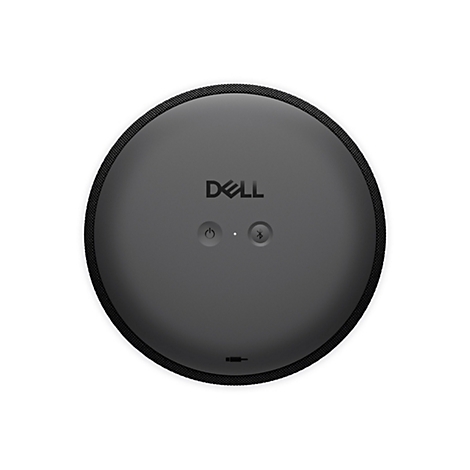Dunkelgrauer, runder Lautsprecher mit 'DELL'-Logo. Oben befinden sich Ein-/Aus- und Bluetooth-Symbole. Schwarzer, texturierter Rand.