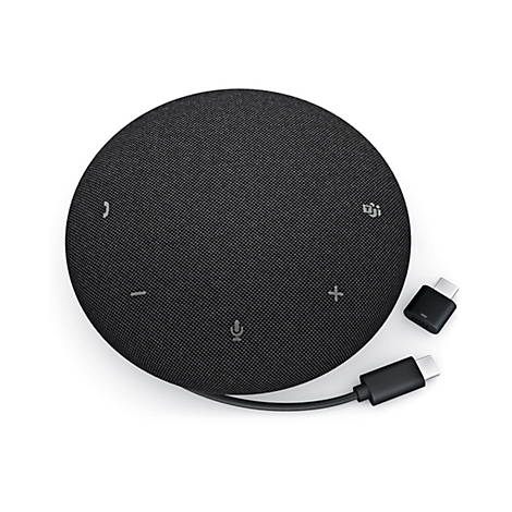 Un haut-parleur intelligent noir et rond avec des commandes et des connecteurs USB-C sur fond blanc.