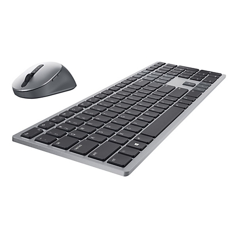Graue kabellose Tastatur und Maus auf weißem Hintergrund. Die Tastatur hat schwarze Tasten, die Maus ist ebenfalls grau.