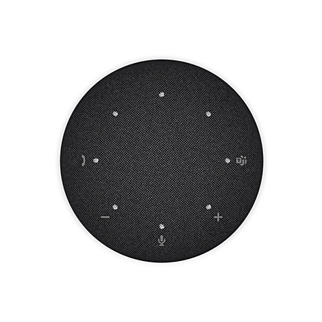 Un haut-parleur rond et noir. Il y a des symboles sur la surface : microphone, plus, moins, appel et muet.