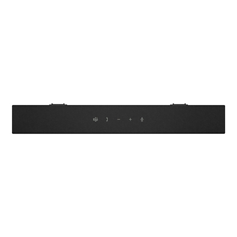 Schwarzer Soundbar mit Bedienknöpfen für Teams-Meetings, vor weißem Hintergrund.