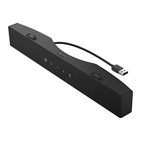 Barre de son noire avec câble USB. Il y a deux boutons sur le dessus, avec le contrôle du volume et le mode muet.