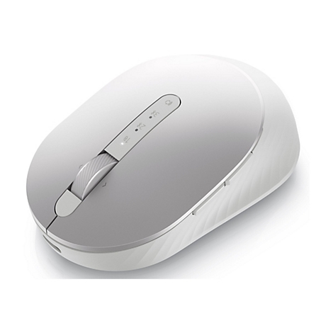 Hellgraue kabellose Maus mit Scrollrad und drei Knöpfen. Auf der Oberseite befinden sich Symbole für die Einstellung der DPI.