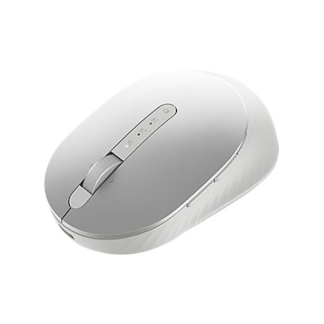 Hellgraue Maus, Detailansicht. Mausrad, Tasten und LED-Anzeigen. Der obere Teil ist glatt, die Seiten strukturiert.