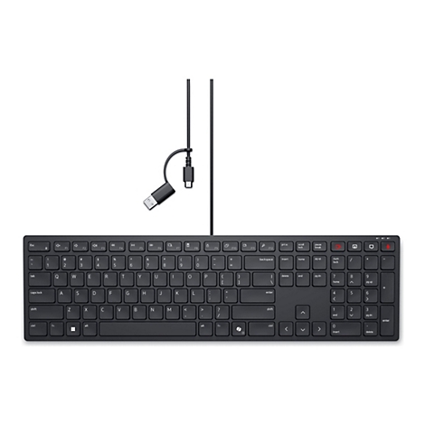 Schwarze Tastatur mit USB-C-Anschluss, liegt auf weißem Hintergrund. Die Tasten sind beschriftet, inkl. Sonderzeichen und Funktionstasten.