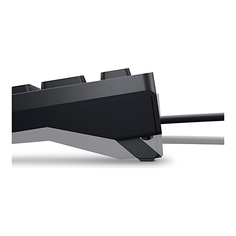 Nahaufnahme einer schwarzen Tastatur. Im Vordergrund sind die Tasten und die Kante der Tastatur zu sehen. Der Hintergrund ist weiß.