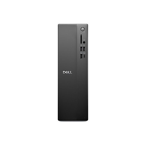 PC tour Dell noir. Avec une surface nervurée et le logo. En façade : ports, bouton d'alimentation.