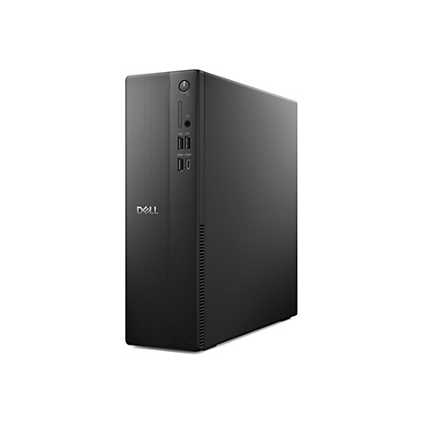 Ordinateur de bureau Dell noir, droit, avec ports et logo Dell.