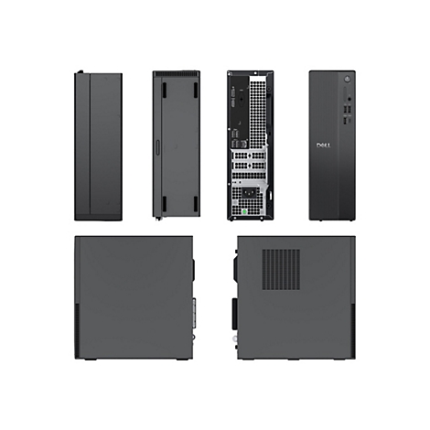 Mehrere Ansichten eines grauen Dell-Desktop-Computers vor weißem Hintergrund. Von vorne, von der Seite und von hinten.