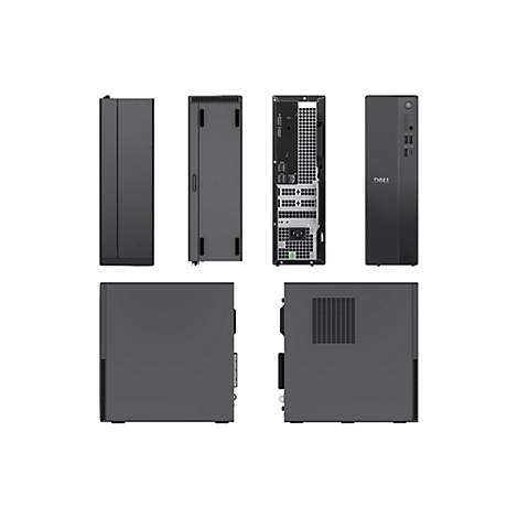 Verschiedene Ansichten eines schwarzen Dell-Desktop-Computers: Front-, Seiten-, Rück- und Draufsicht.