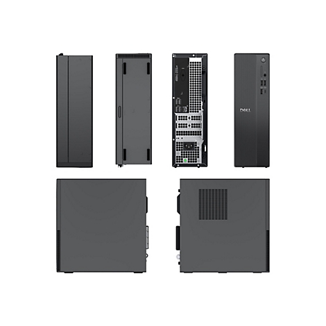 Mehrere Ansichten eines schwarzen Desktop-Computers, mit der Vorder-, Rückseite und Seitenansicht.