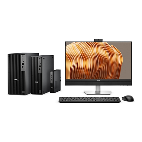 Drei schwarze Desktop-Computer, ein Monitor mit einem wellenförmigen Hintergrundbild, Tastatur und Maus. Alle Geräte sind auf weißem Hintergrund.