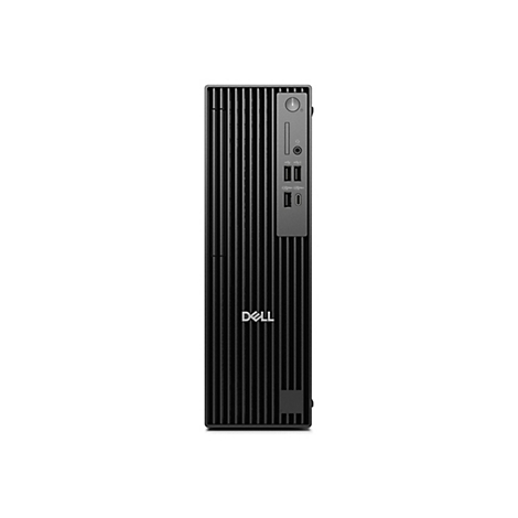 Schwarzer Dell Tower-PC, Frontansicht. Vertikale Linien strukturieren die Front, mit Anschlüssen an der Seite und dem Dell-Logo.