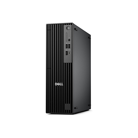 Schwarzer Dell-Desktop-Computer vor weißem Hintergrund. Auf der Vorderseite sind USB-Anschlüsse, ein Einschaltknopf und das Dell-Logo zu sehen.