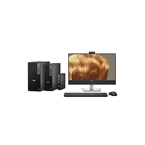 Drei Dell-Tower-PCs und ein Monitor mit Tastatur und Maus vor weißem Hintergrund. Der Monitor zeigt eine abstrakte, goldfarbene Berglandschaft.