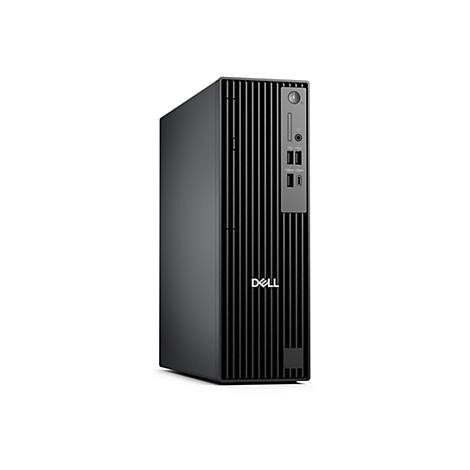 Schwarzer Dell-Desktop-PC vor weißem Hintergrund. Vertikal mit Rillen vorne und Ports auf der rechten Seite.