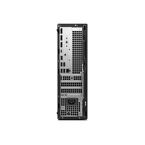 Rückseite eines schwarzen Desktop-Computers mit Anschlüssen und Lüftungsschlitzen, isoliert auf weißem Hintergrund.