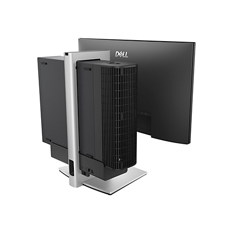 Ein schwarzer Dell-Monitor und ein ebenfalls schwarzer Computer auf einem silbernen Halterung, der sich an der Rückseite des Monitors befindet.
