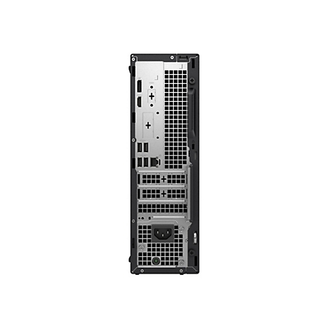 Rückseite eines schwarzen Computers: Anschlüsse, Lüftungsgitter und Stromanschluss.