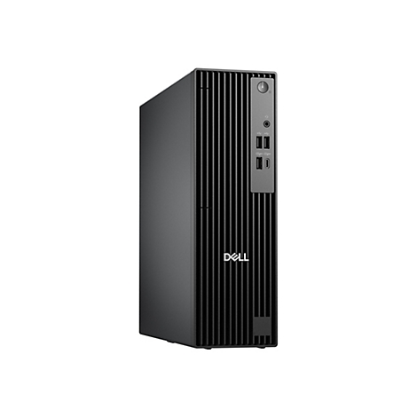 Ein schwarzer Dell-Desktop-PC vor weißem Hintergrund. Er hat eine geriffelte Front, USB-Anschlüsse und das Dell-Logo.