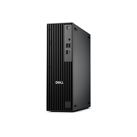 Ein schwarzer Desktop-PC von Dell steht vor weißem Hintergrund. Das Dell-Logo ist sichtbar.