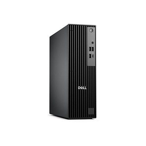 Ein schwarzer Dell-Tower-Computer. Auf der Vorderseite sind ein Netzschalter, Anschlüsse und das Dell-Logo zu sehen.
