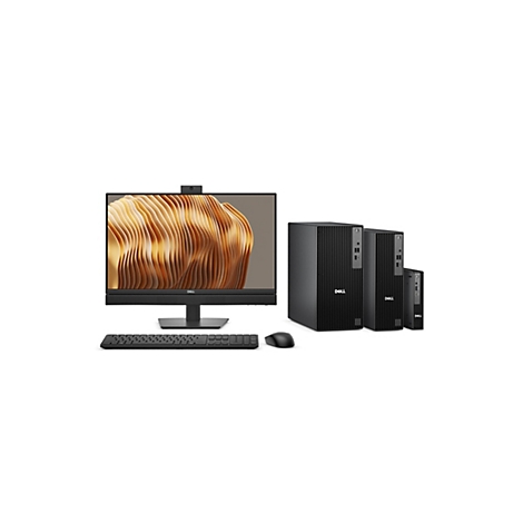 Un ensemble de bureau Dell : écran, clavier, souris et trois tours PC. Un motif abstrait est visible sur l'écran.