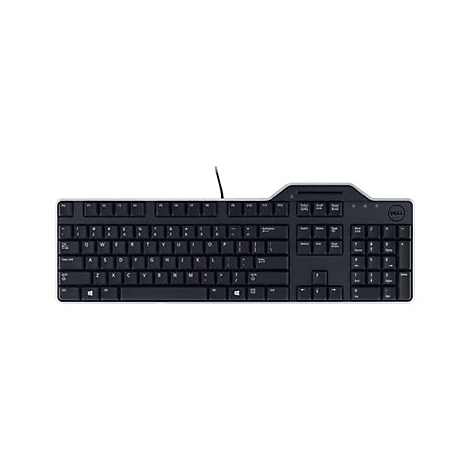 Schwarze Dell-Tastatur, Kabelanschluss, Tasten mit weiÃŸen Buchstaben, Logo rechts.