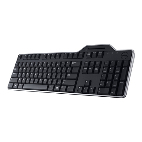 Schwarze Dell-Tastatur, von vorne fotografiert. Die Tasten sind beschriftet, mit silbernem Rand und Dell-Logo.