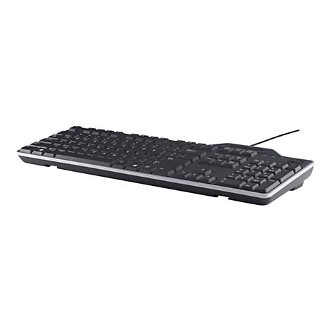 Schwarze Dell-Tastatur mit weißen Tastenbeschriftungen. Das Kabel führt nach rechts oben. Auf der Tastatur sind Buchstaben, Zahlen und Sonderzeichen zu sehen. Das Dell-Logo ist rechts unten.