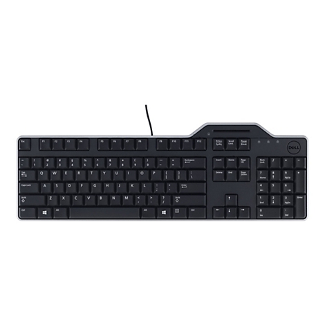 Schwarze Dell-Tastatur auf weißem Hintergrund, mit Standardtasten und Dell-Logo.