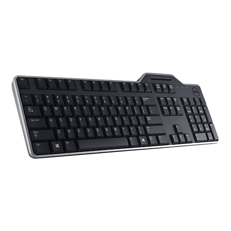 Schwarze Dell-Tastatur mit silbergrauem Rand. Die Tasten sind mit Buchstaben, Zahlen und Sonderzeichen beschriftet.