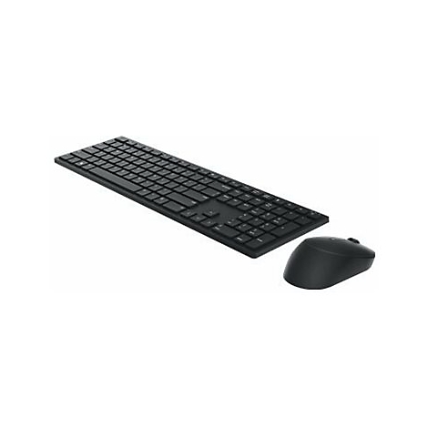 Schwarzes drahtloses Tastatur-Maus-Set. Die Tastatur hat flache Tasten, die Maus ist abgerundet.