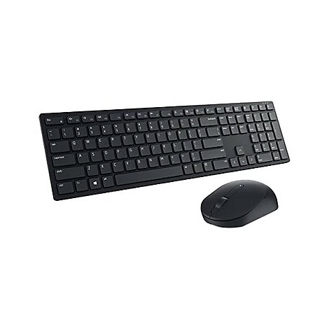 Schwarzes drahtloses Tastatur-Maus-Set. Die Tastatur hat flache Tasten, daneben liegt die Maus mit Scrollrad.