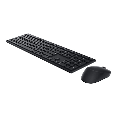 Schwarzes drahtloses Tastatur-Maus-Set. Die Tastatur liegt schräg, daneben die Maus.