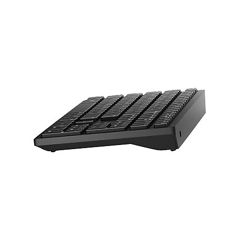 Schwarze Tastatur mit erhöhter Form, Seitenansicht. Tasten sind rechteckig angeordnet.