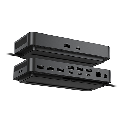 Zwei schwarze Dockingstationen, übereinander angeordnet. Deutlich erkennbar sind verschiedene Anschlüsse wie HDMI, USB-C und Ethernet.