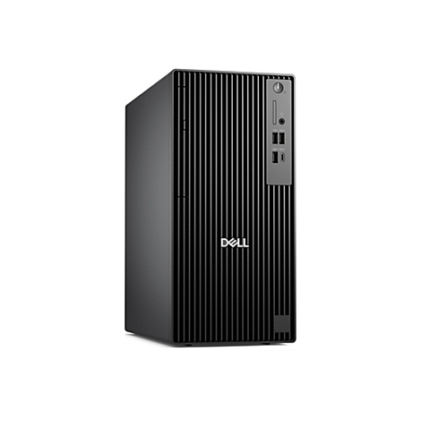 Schwarzer Dell Desktop-PC vor weißem Hintergrund. Die Front hat vertikale Linien und Anschlüsse.