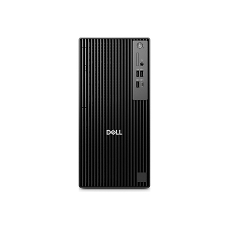 Ein schwarzer Dell-Tower-Computer, Ansicht von vorne, mit vertikalen Lamellen. Oben rechts Bedienfeld mit Ein-/Aus-Taste, USB-Anschlüssen.